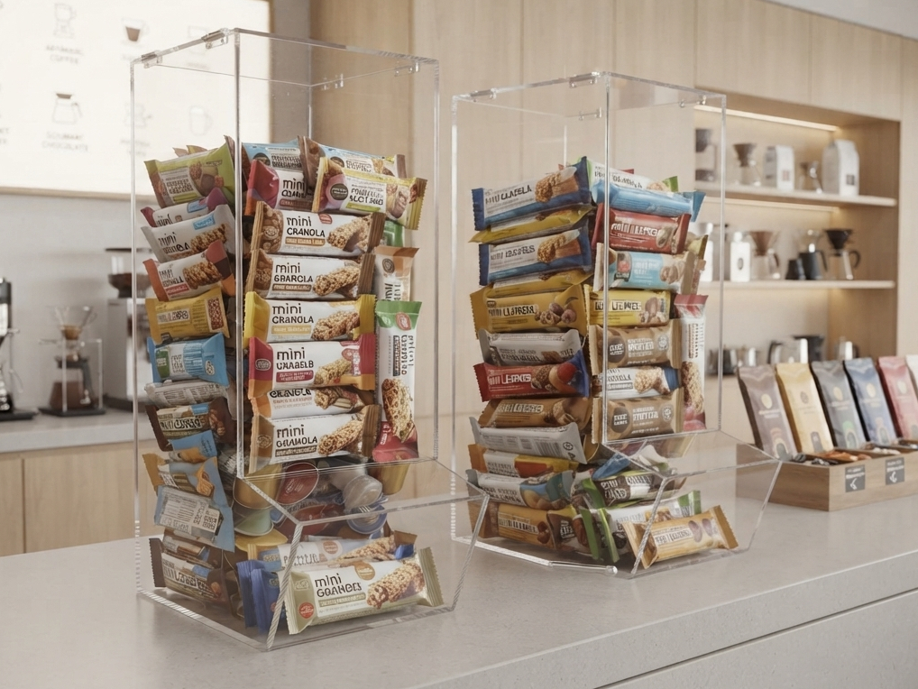 dispenser in plexiglass per snack monodose su bancone bar